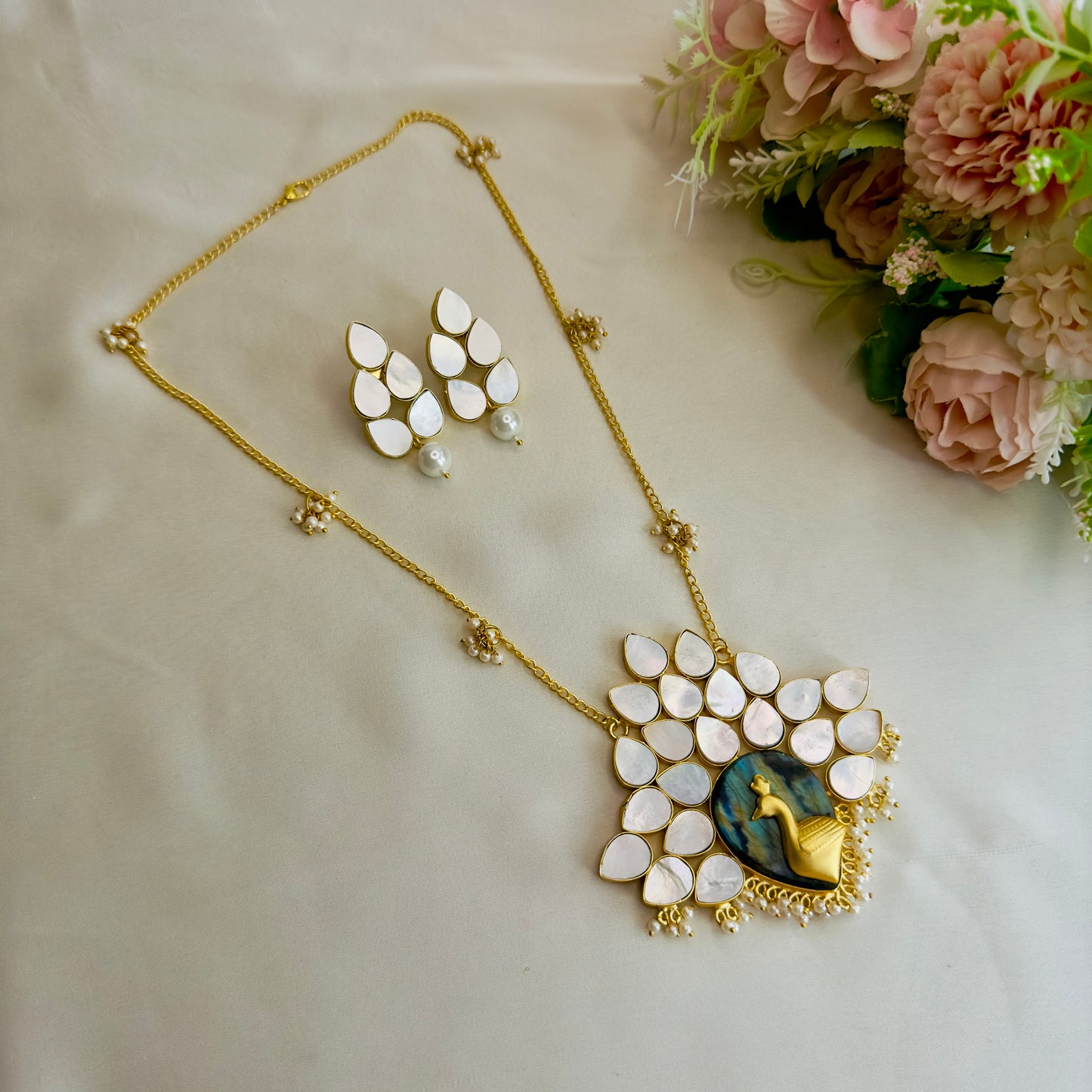 MOP Peacock Long chain pendant