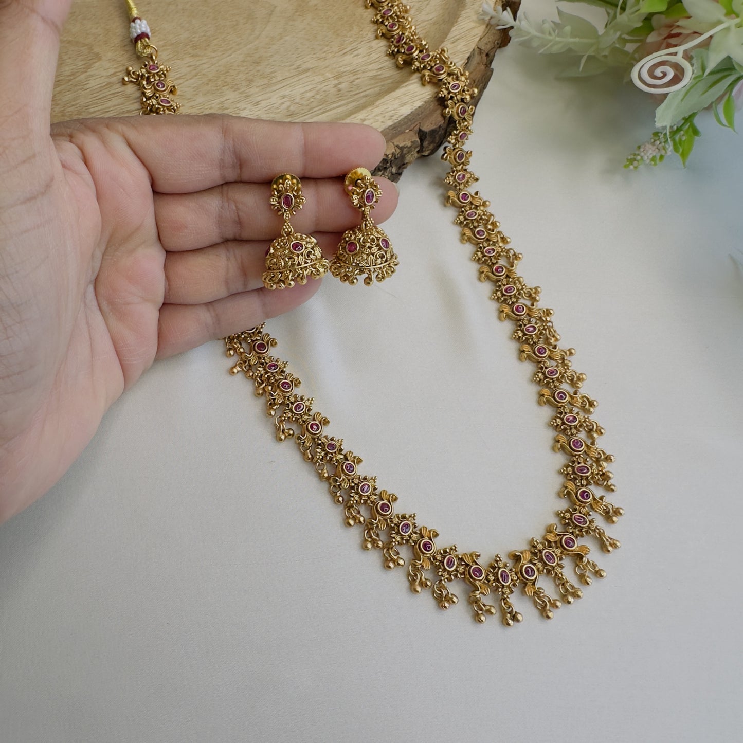 Mid Length Golden Necklace set with Jhumki Earrings