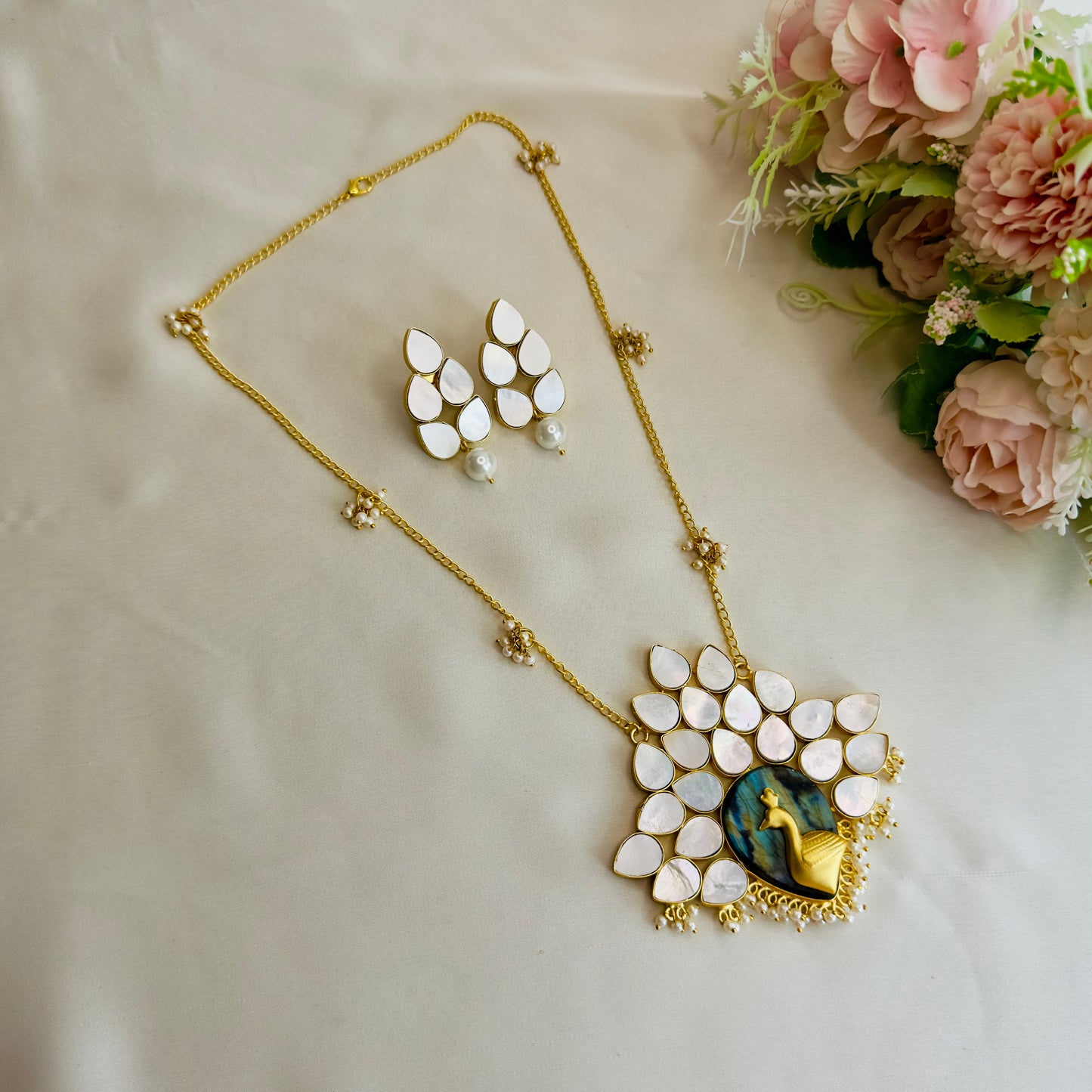 MOP Peacock Long chain pendant