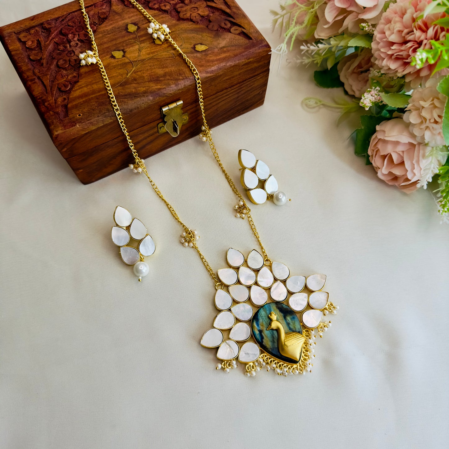 MOP Peacock Long chain pendant