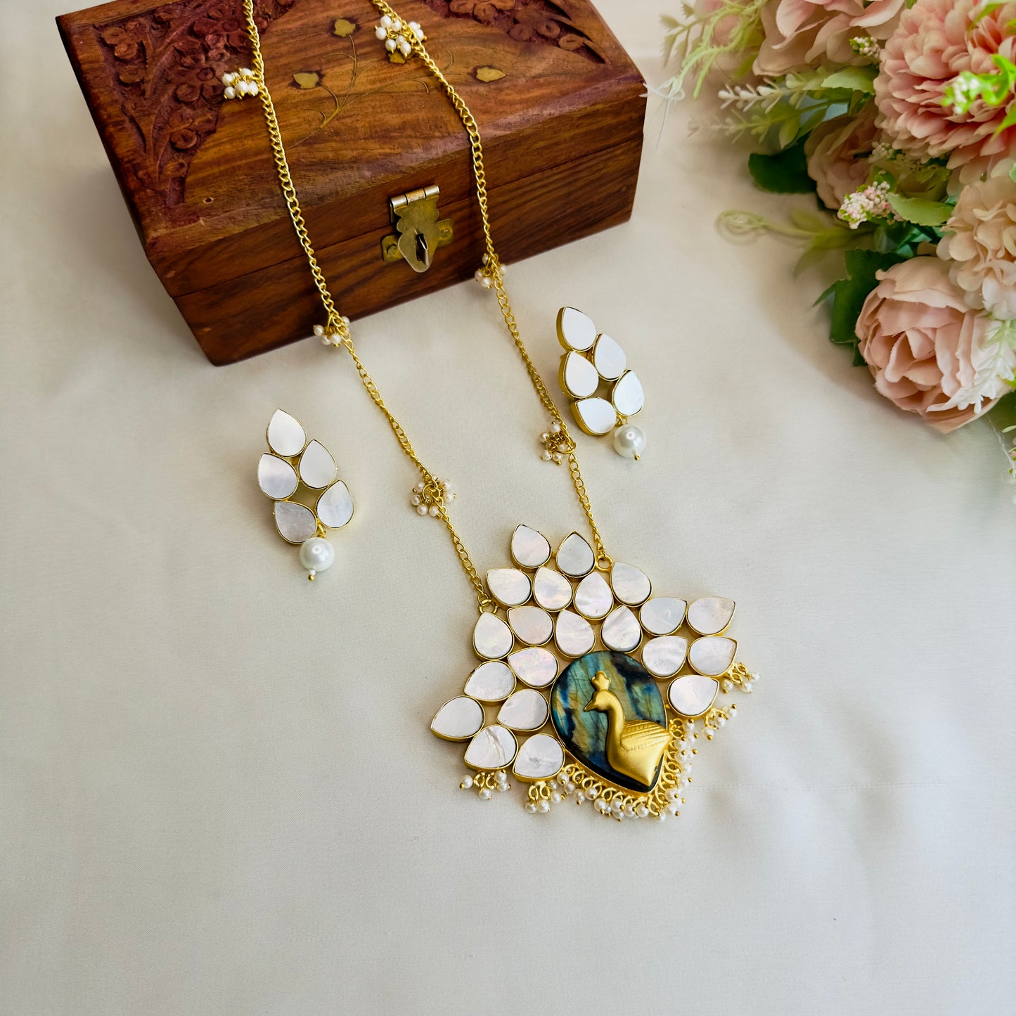 MOP Peacock Long chain pendant