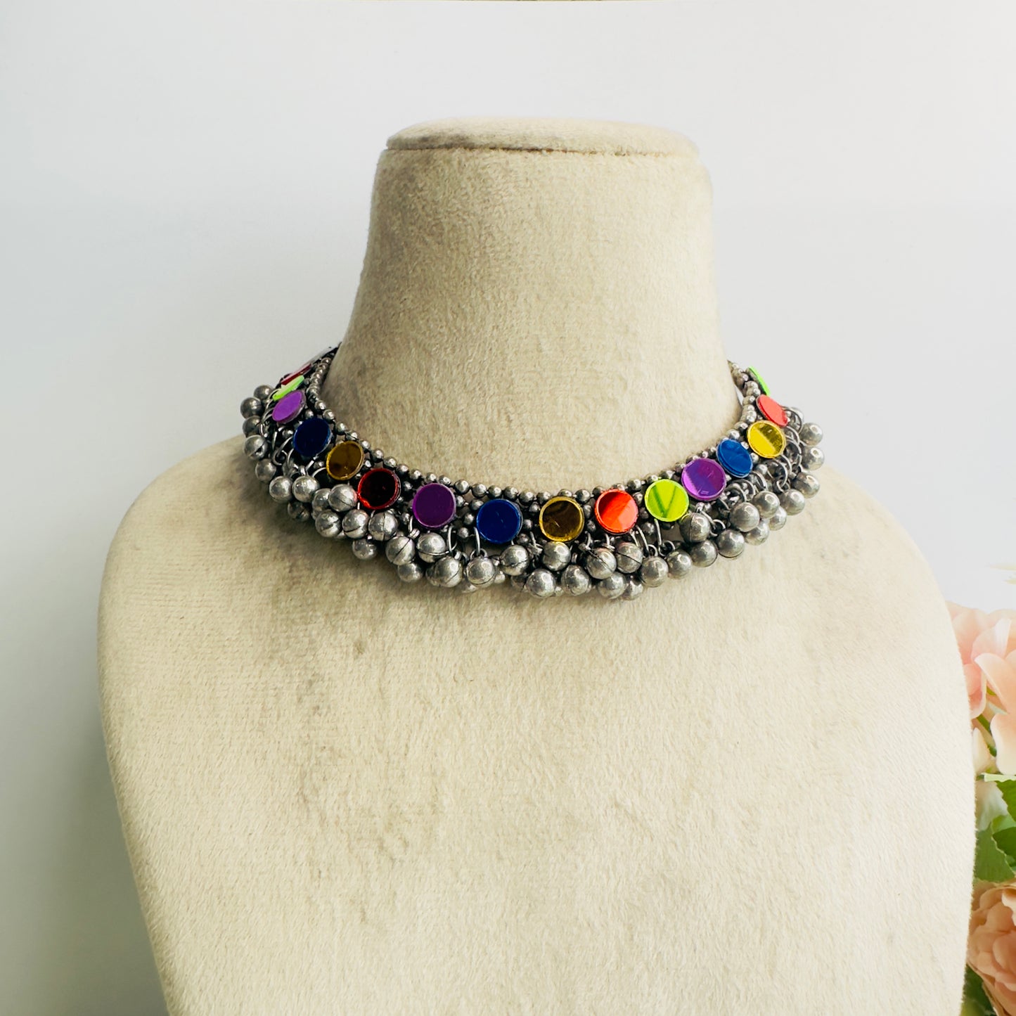 Multicolor Mirror Work Oxidized neckalce