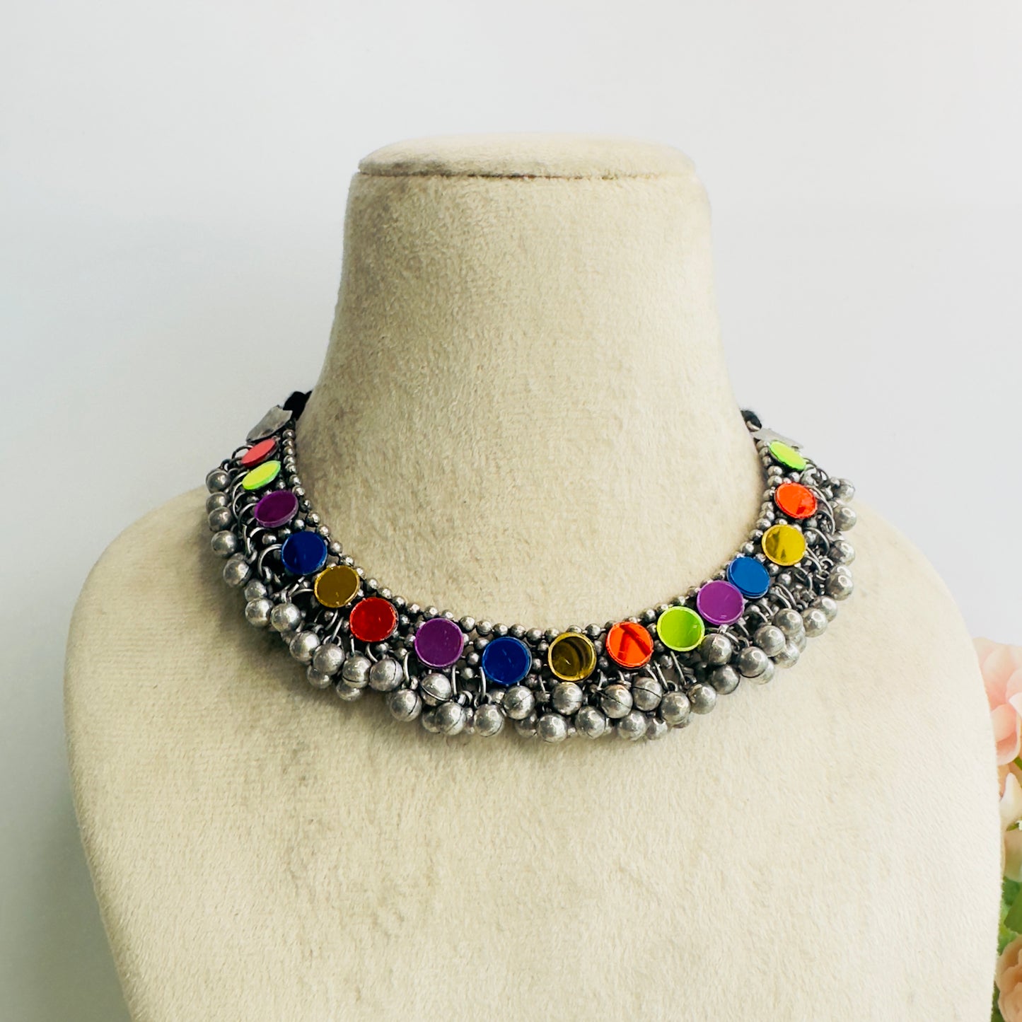 Multicolor Mirror Work Oxidized neckalce