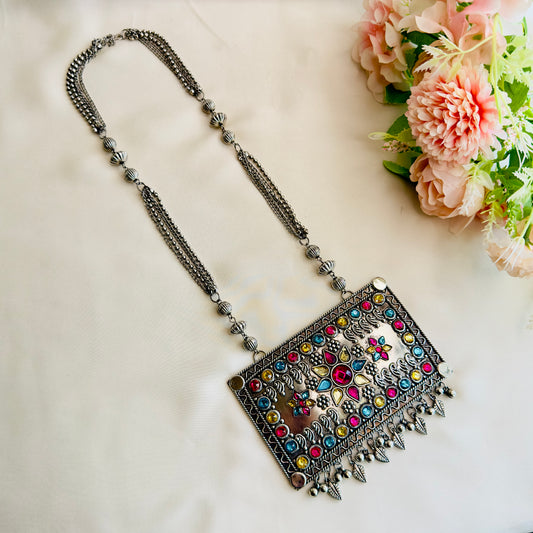 Long Big Pendant Oxidized Multicolor Necklace