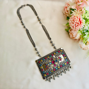 Long Big Pendant Oxidized Multicolor Necklace