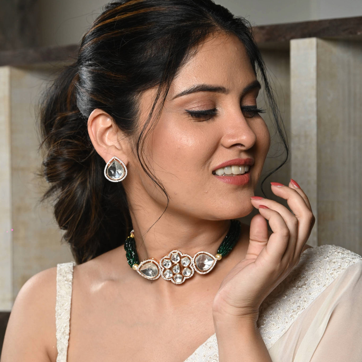 Emerald Polki Chocker Necklace Set