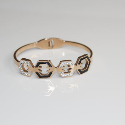 Stainless Steel Rose Gold plated Four Geometry Hexagon connected inlaid CZ bracelet