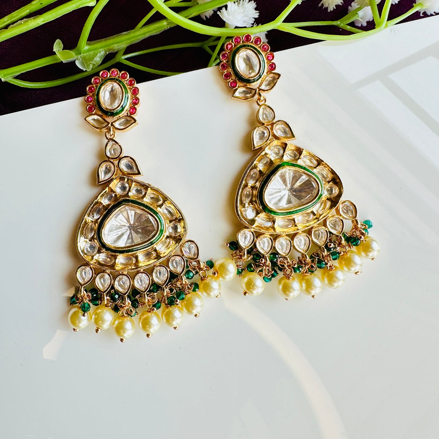 Tyani Kundan Red stone Green Meenakari Danglers