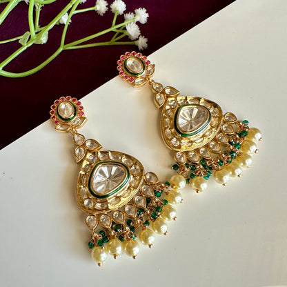 Tyani Kundan Red stone Green Meenakari Danglers