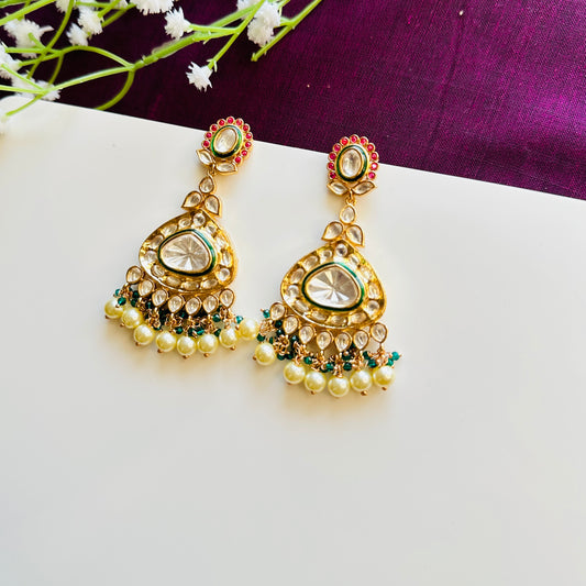 Tyani Kundan Red stone Green Meenakari Danglers