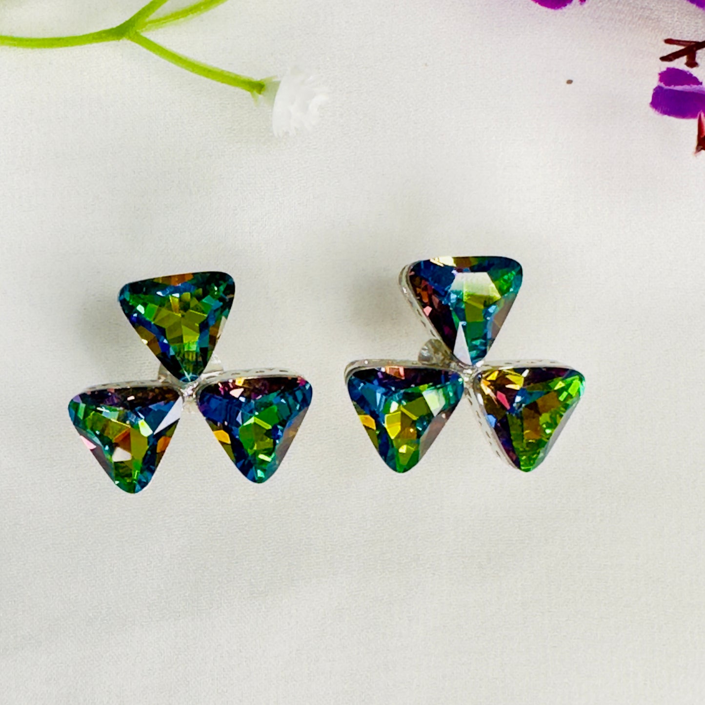 Multicolor three petal Swarovski Stud earrings