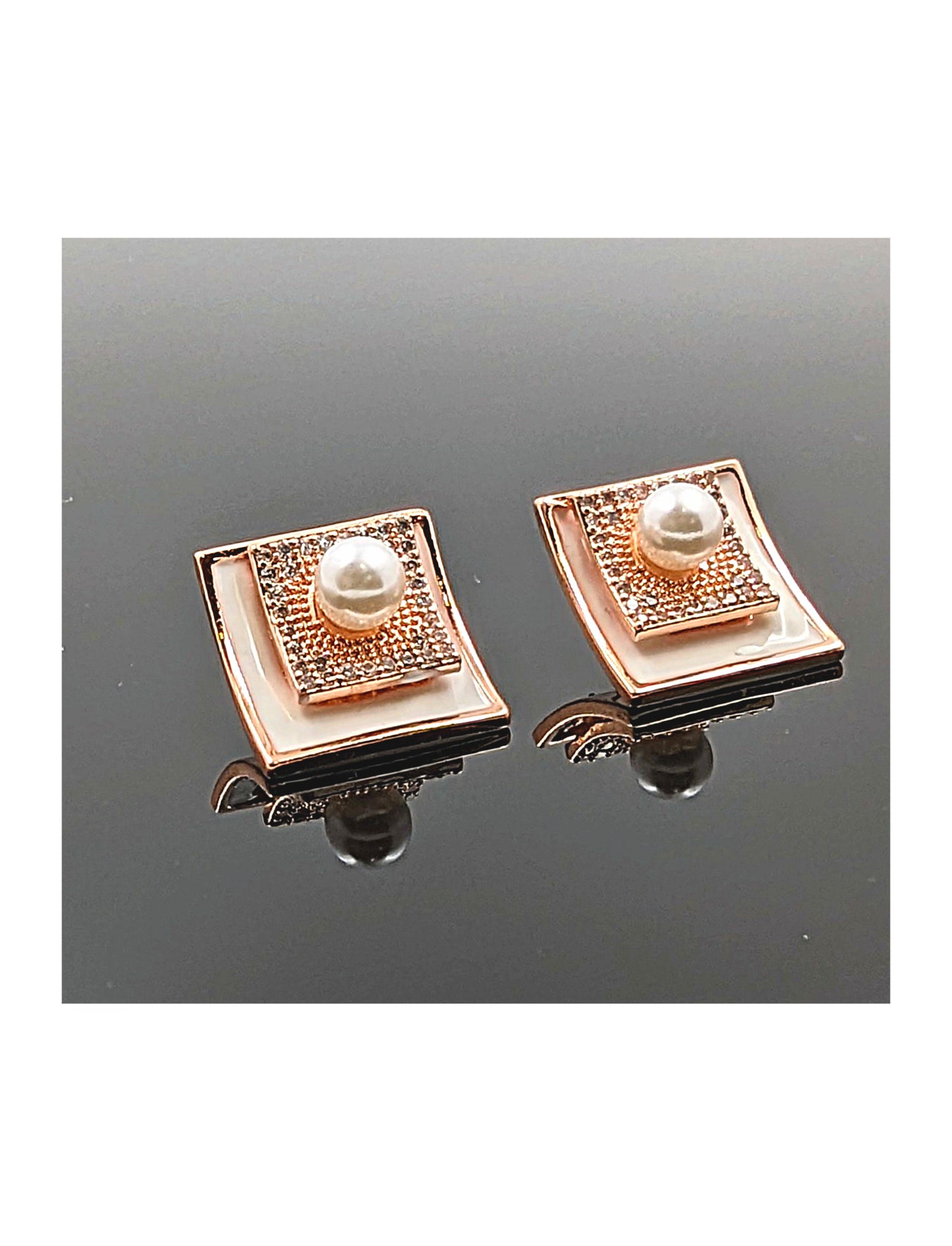 Rose Gold Square Shaped CZ pearl setting stud earring