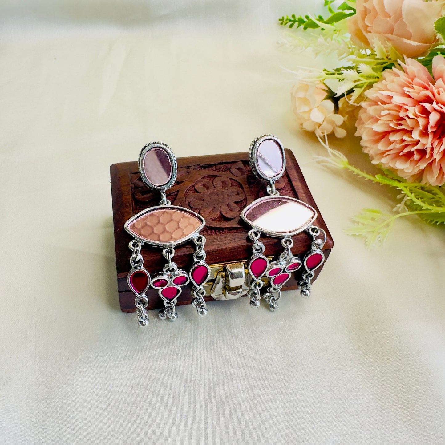 Pink Mirror Work Earrings