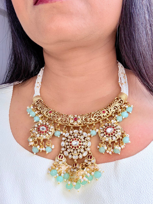 Three Pendant Rajwadi Necklace Set