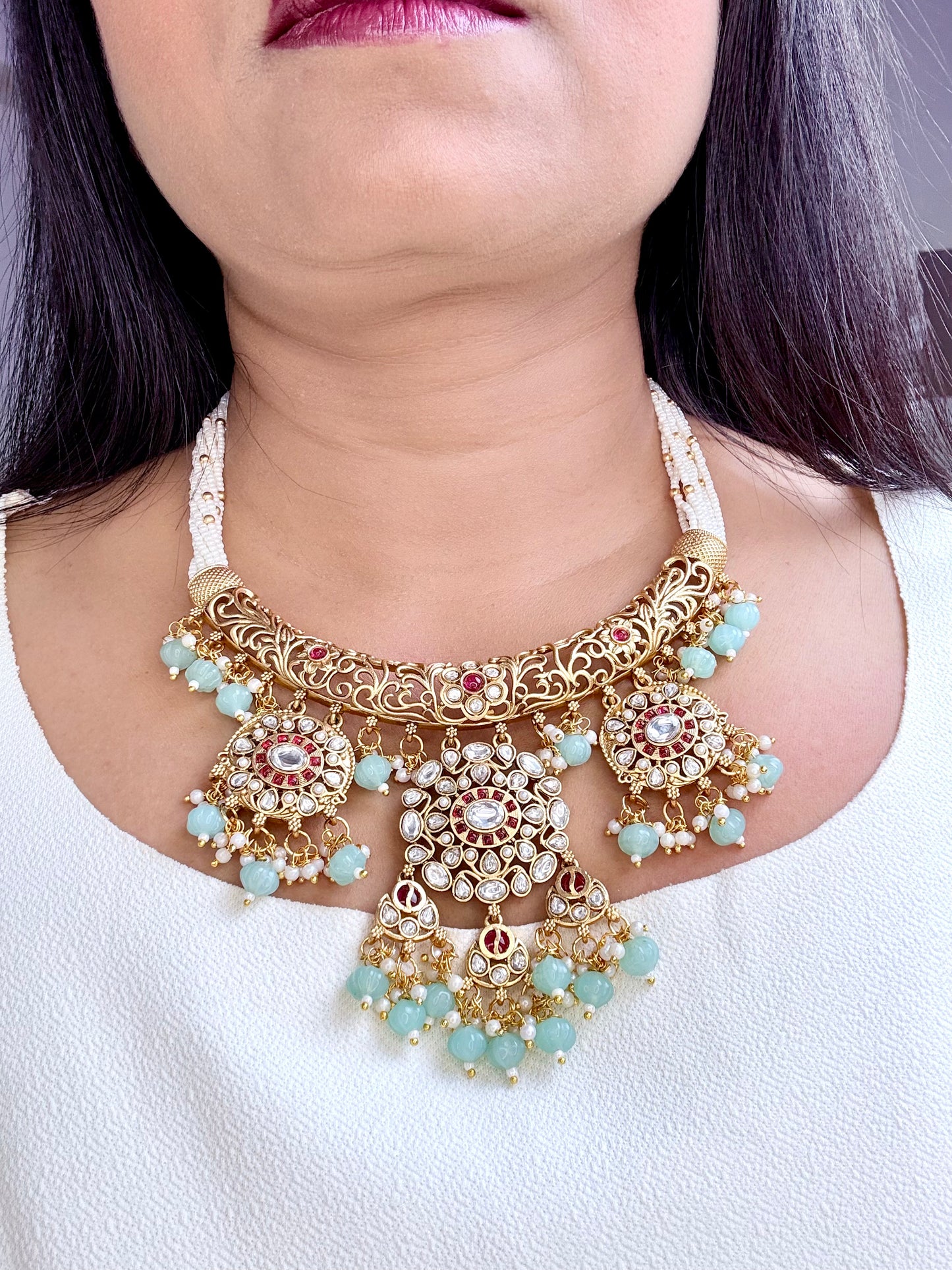 Three Pendant Rajwadi Necklace Set