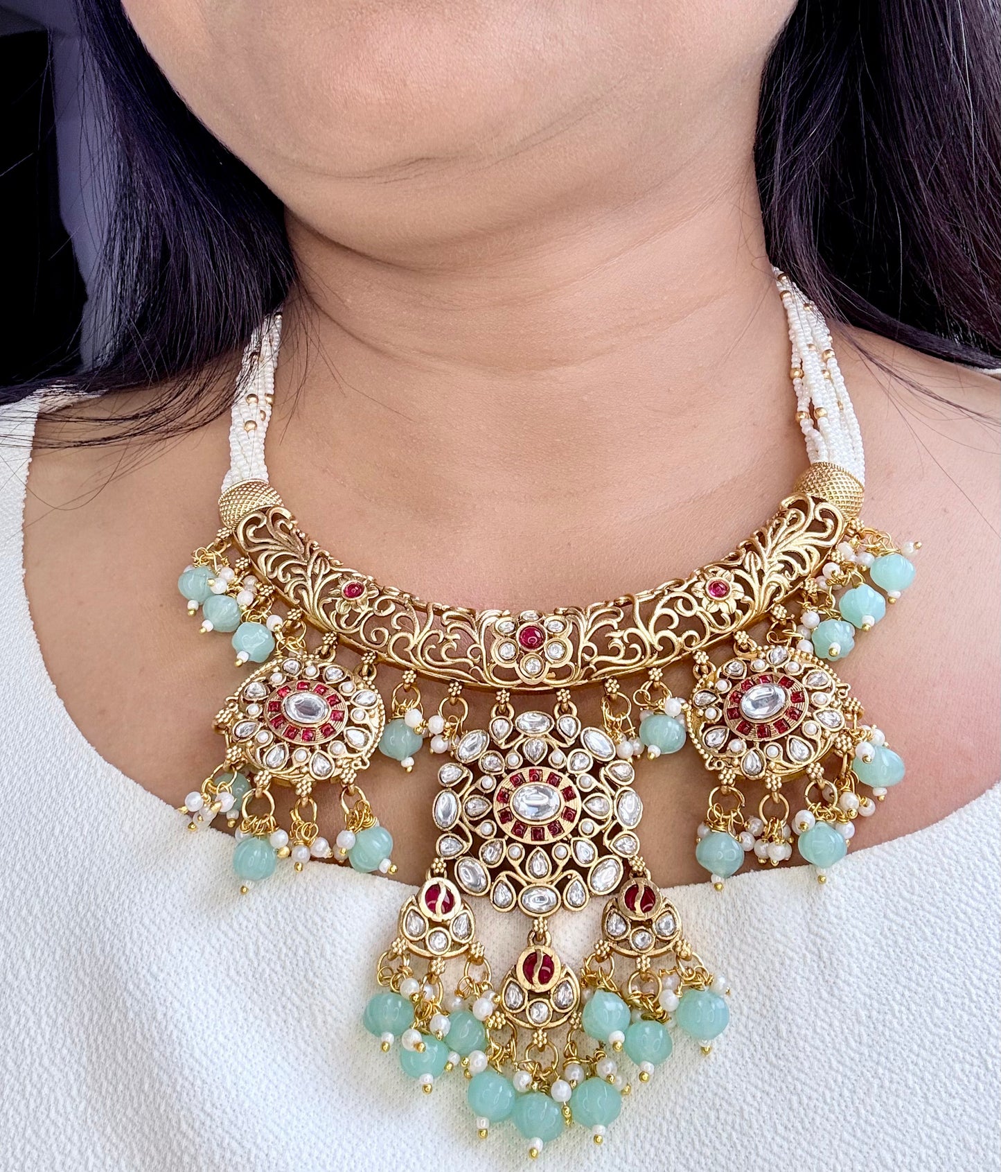 Three Pendant Rajwadi Necklace Set
