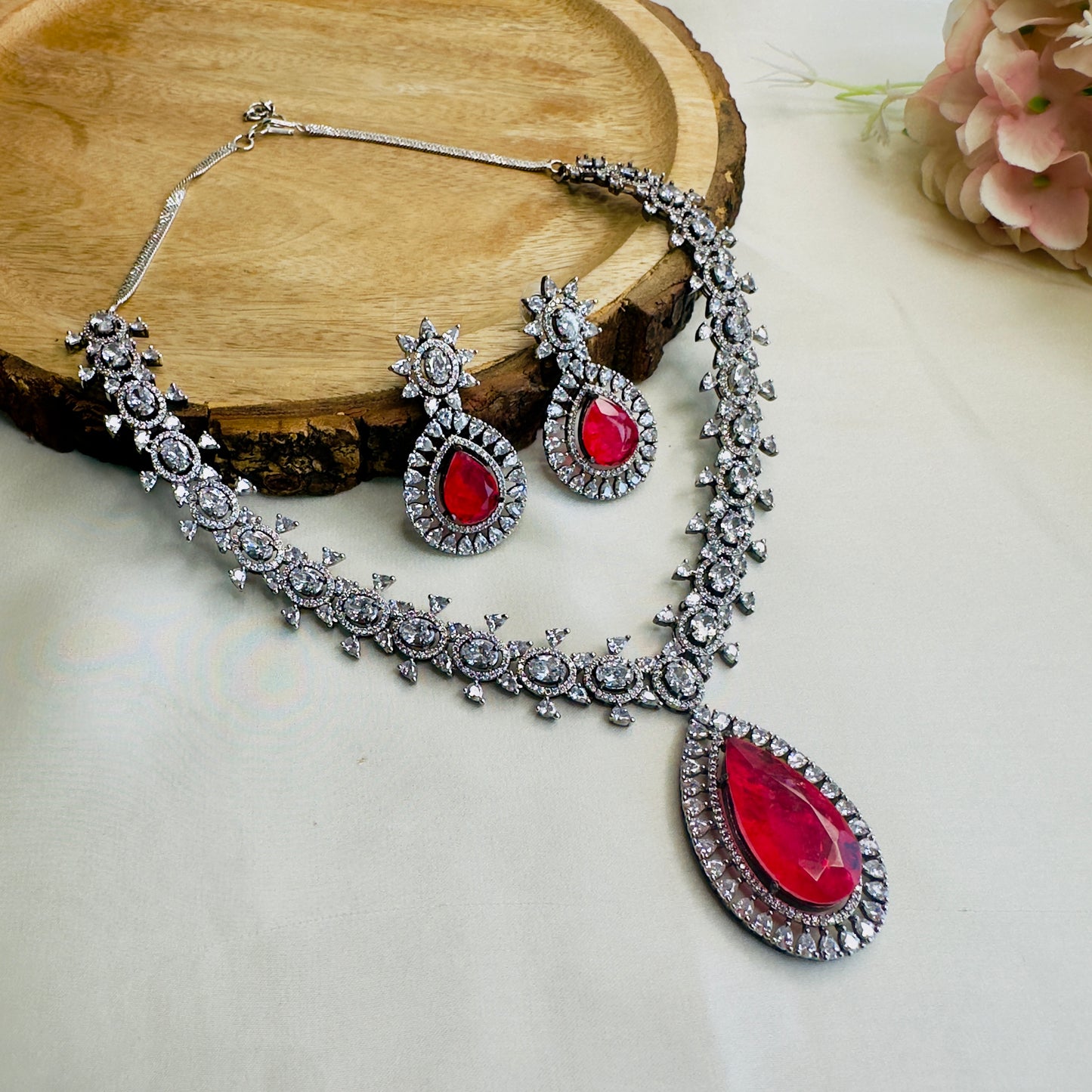 Rose Doublet American Diamond Necklace Set