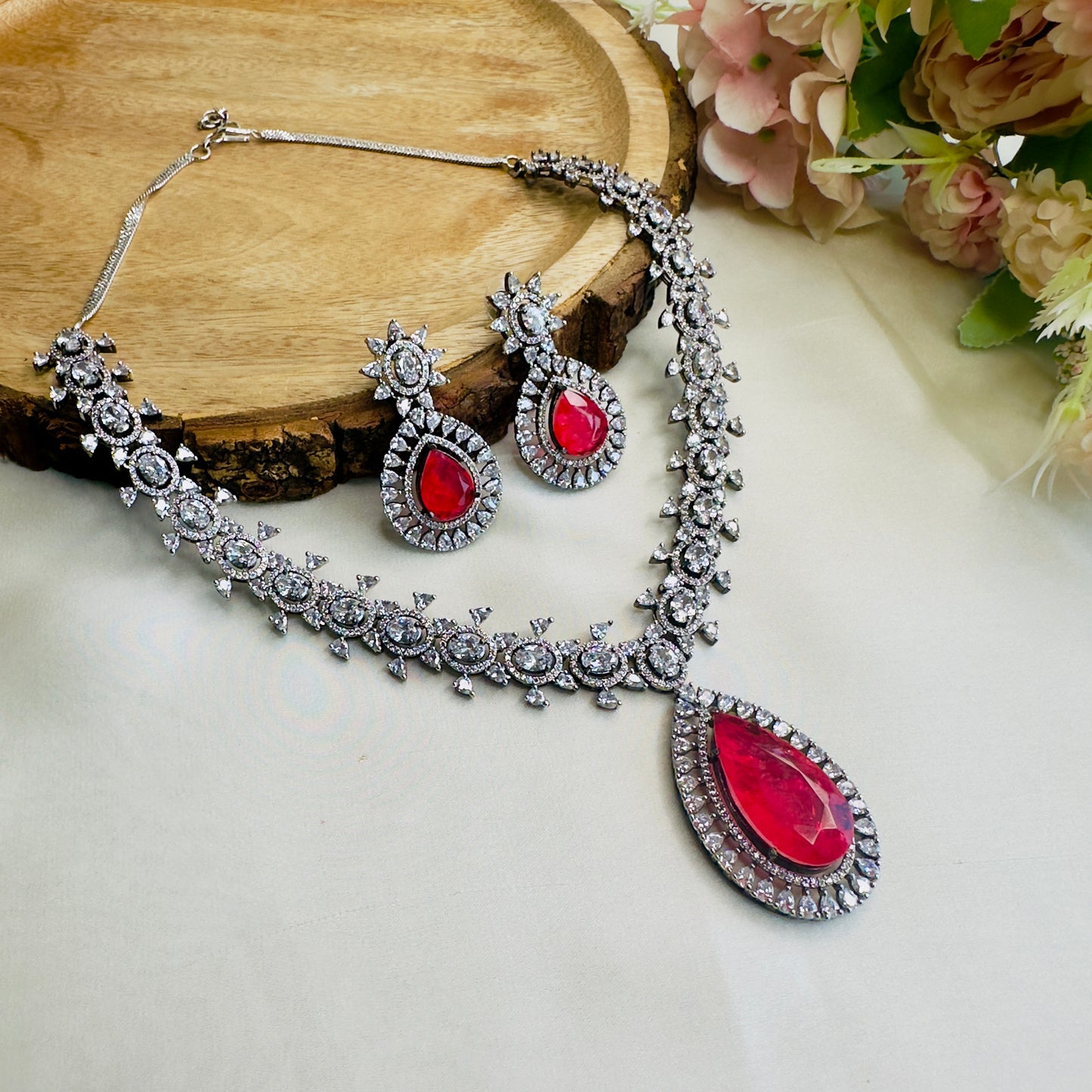 Rose Doublet American Diamond Necklace Set