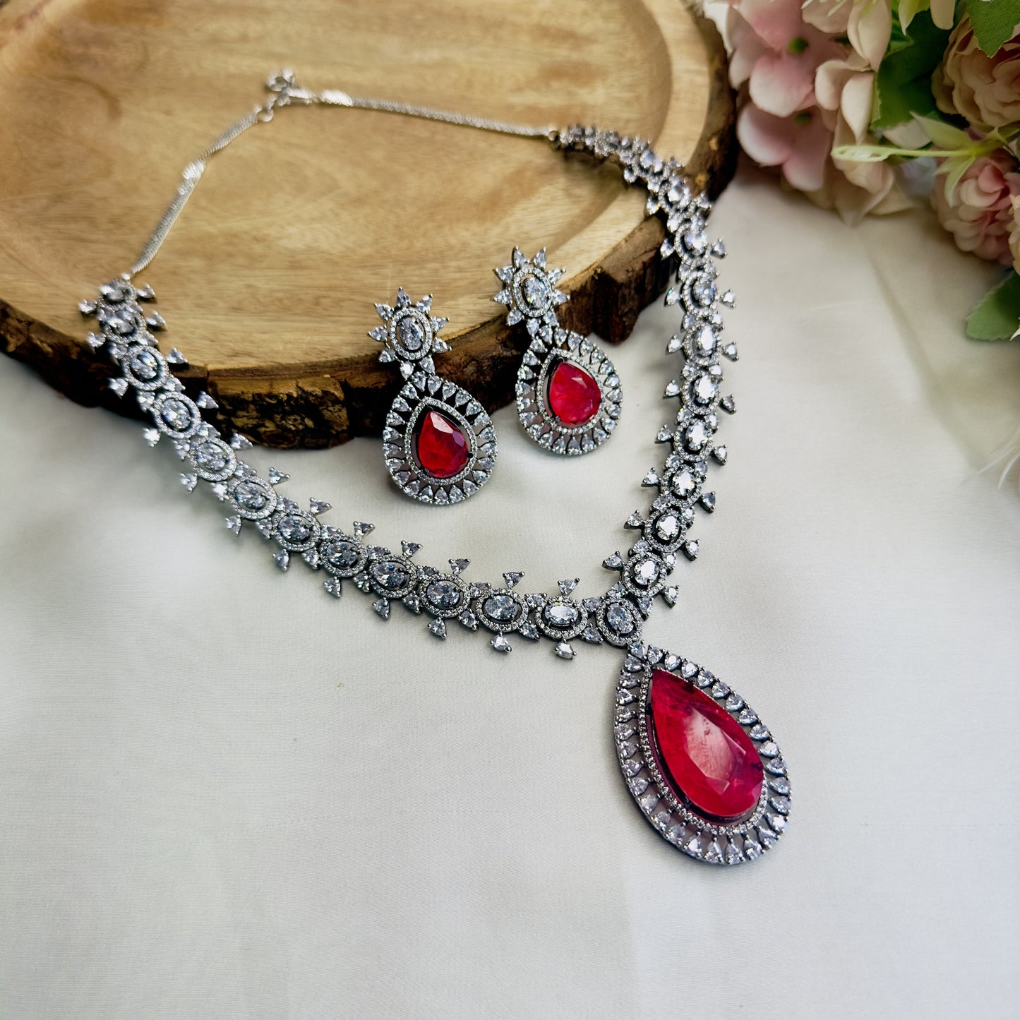 Rose Doublet American Diamond Necklace Set