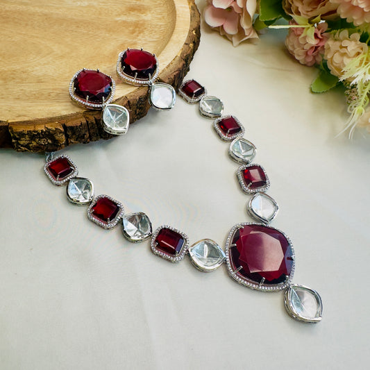 Ruby Red American Diamond Doublet And Kundan Necklace