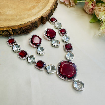 Ruby Red American Diamond Doublet And Kundan Necklace