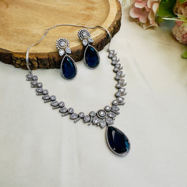 3A CZ single line with blue pendant Necklace set