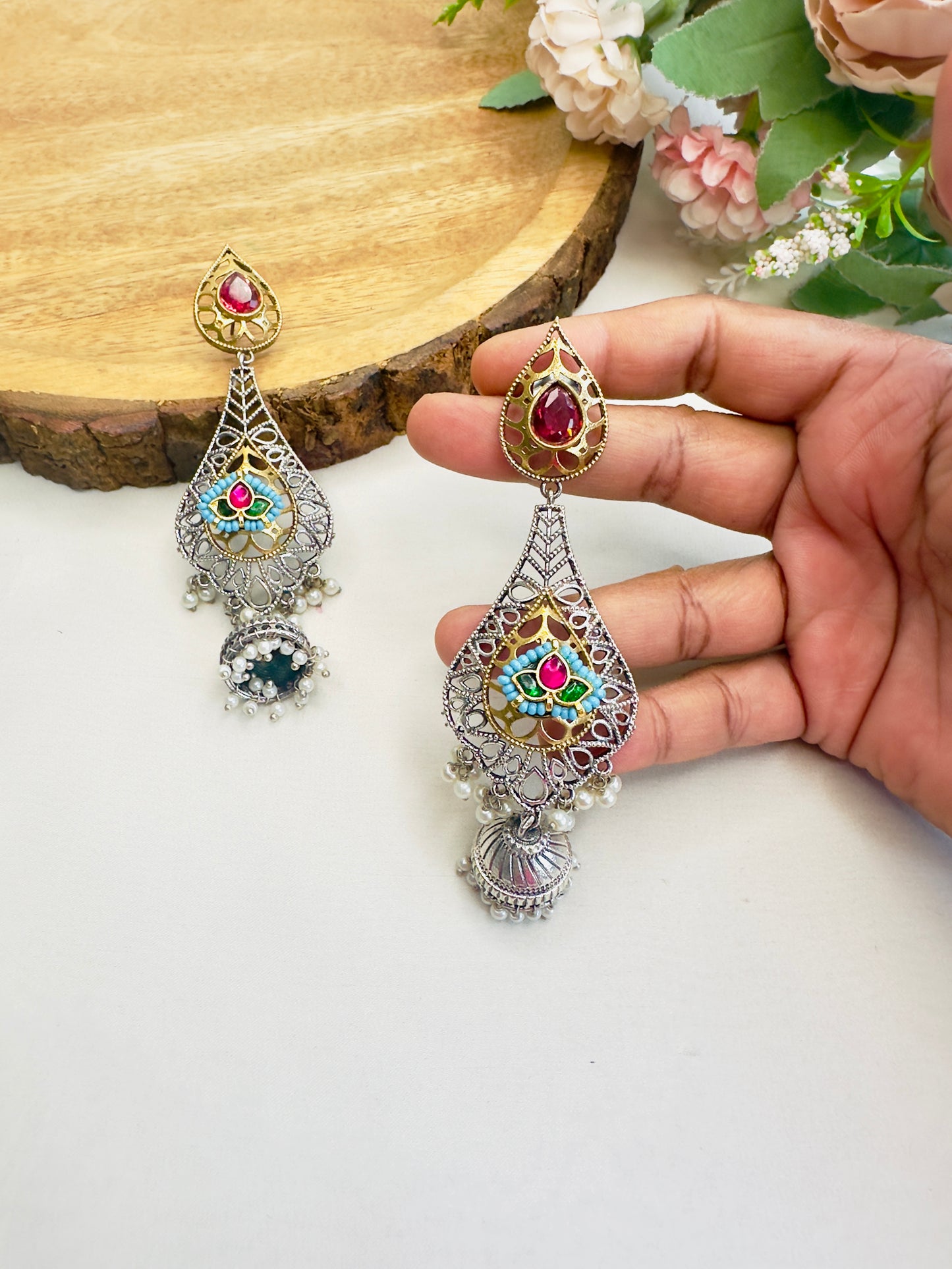 Silver Replica Pachi Kundan Dangler