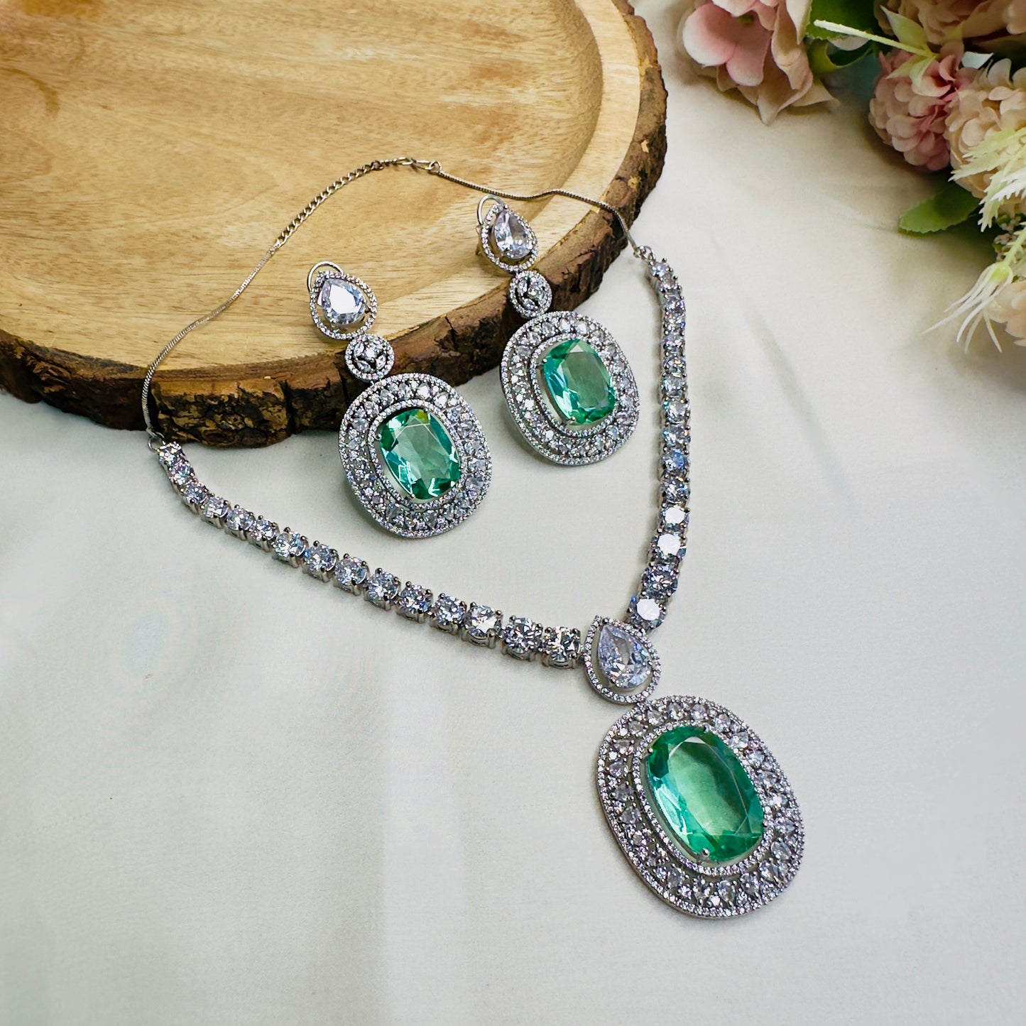 Green American Diamond Doublet Necklace Set