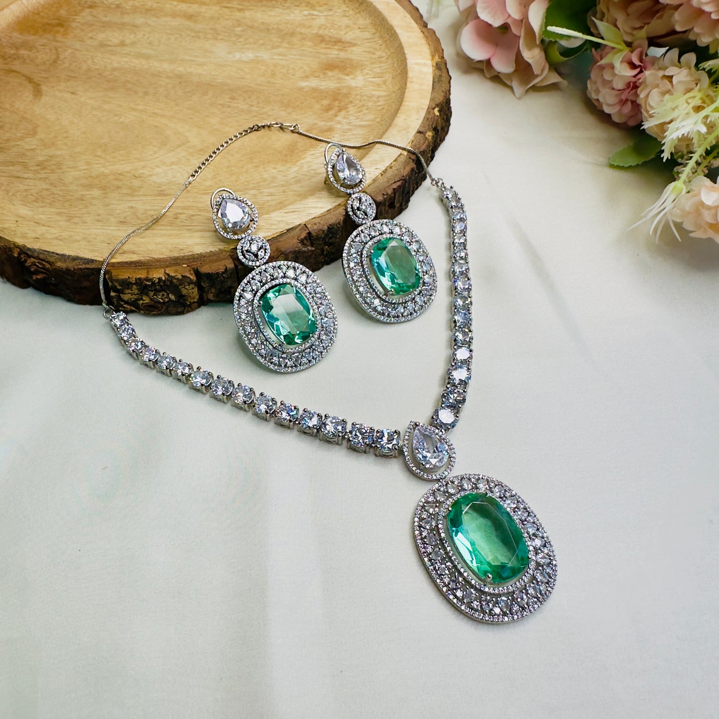 Green American Diamond Doublet Necklace Set