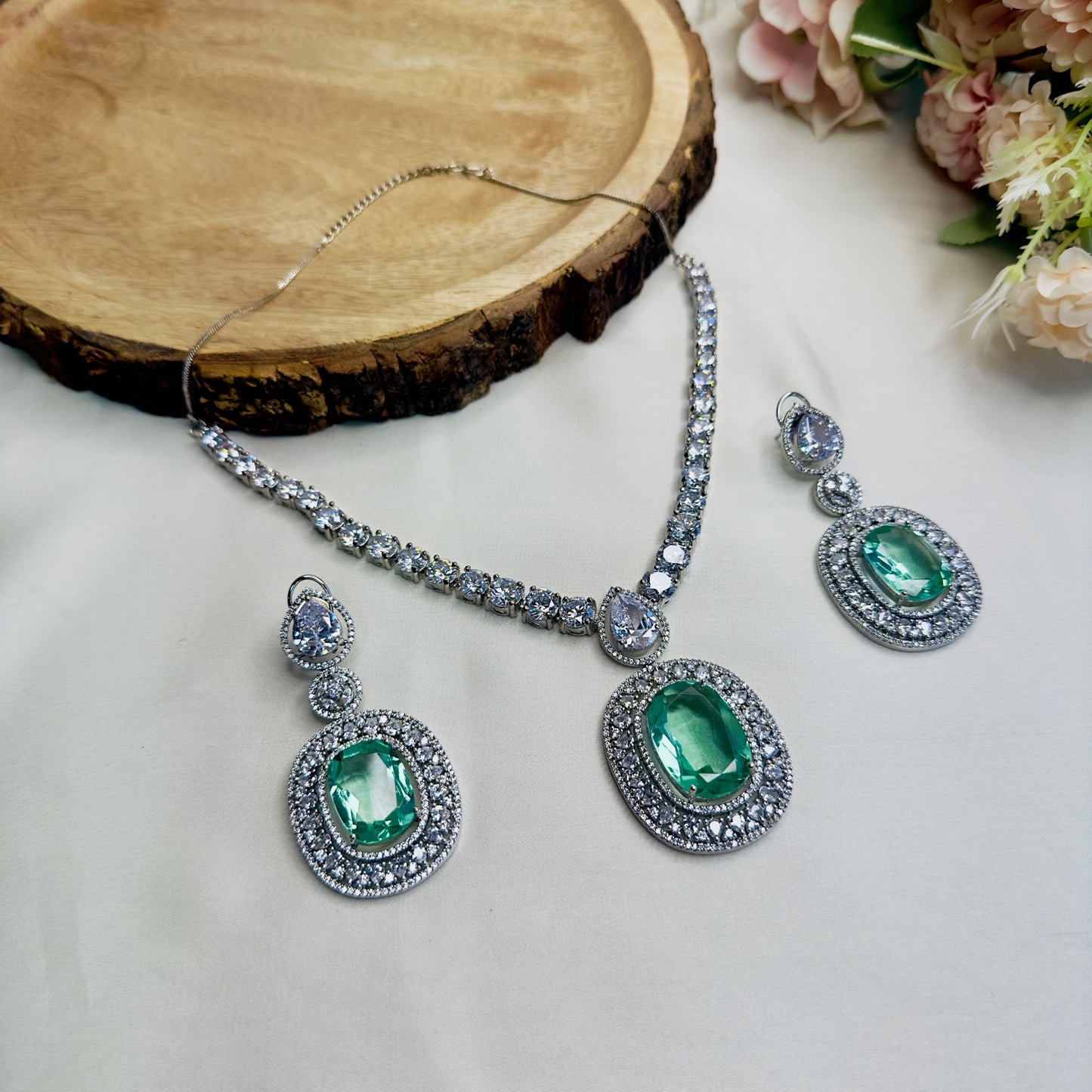 Green American Diamond Doublet Necklace Set