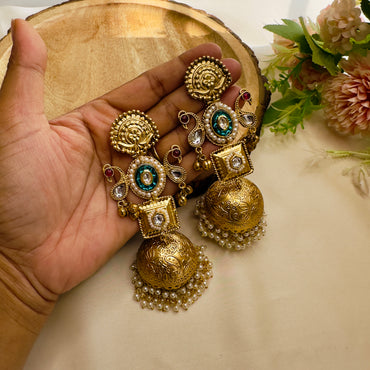 Kundan Work Golden polish Jhumka Earrings