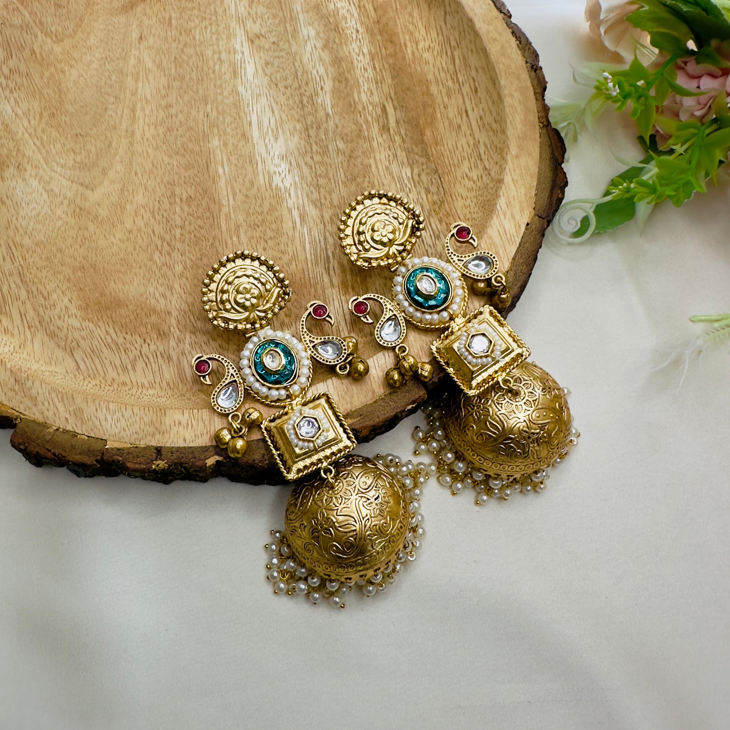 Kundan Work Golden polish Jhumka Earrings