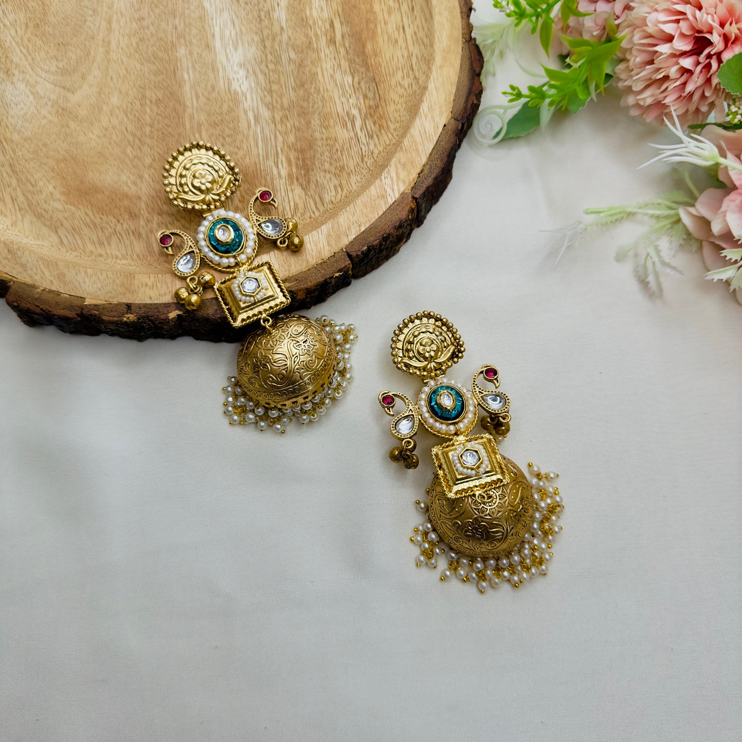 Kundan Work Golden polish Jhumka Earrings