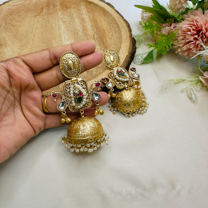 Golden Mid Length Pachi Kundan Jhumka Earrings