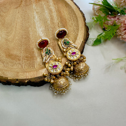 Long Golden Pachi Kundan Jhumka earrings