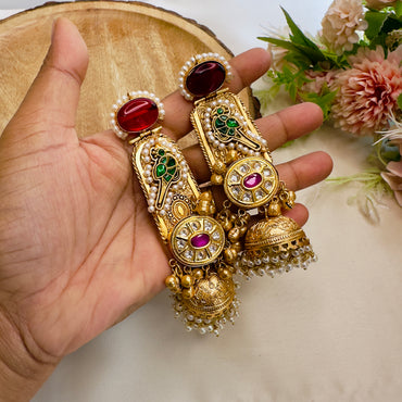 Long Golden Pachi Kundan Jhumka earrings