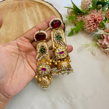 Long Golden Pachi Kundan Jhumka earrings