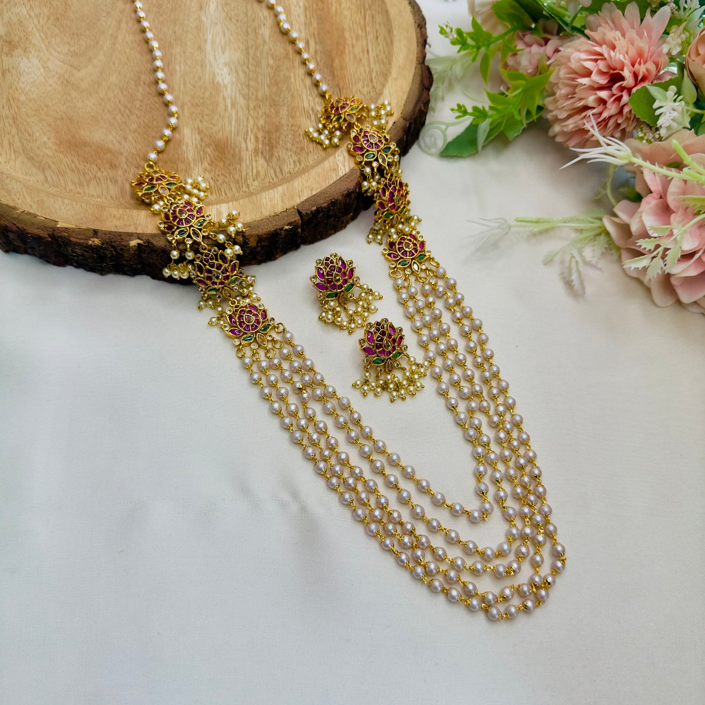 Lotus Design 3 layered pearl Mala Necklace Set