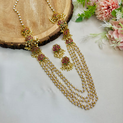 Lotus Design 3 layered pearl Mala Necklace Set