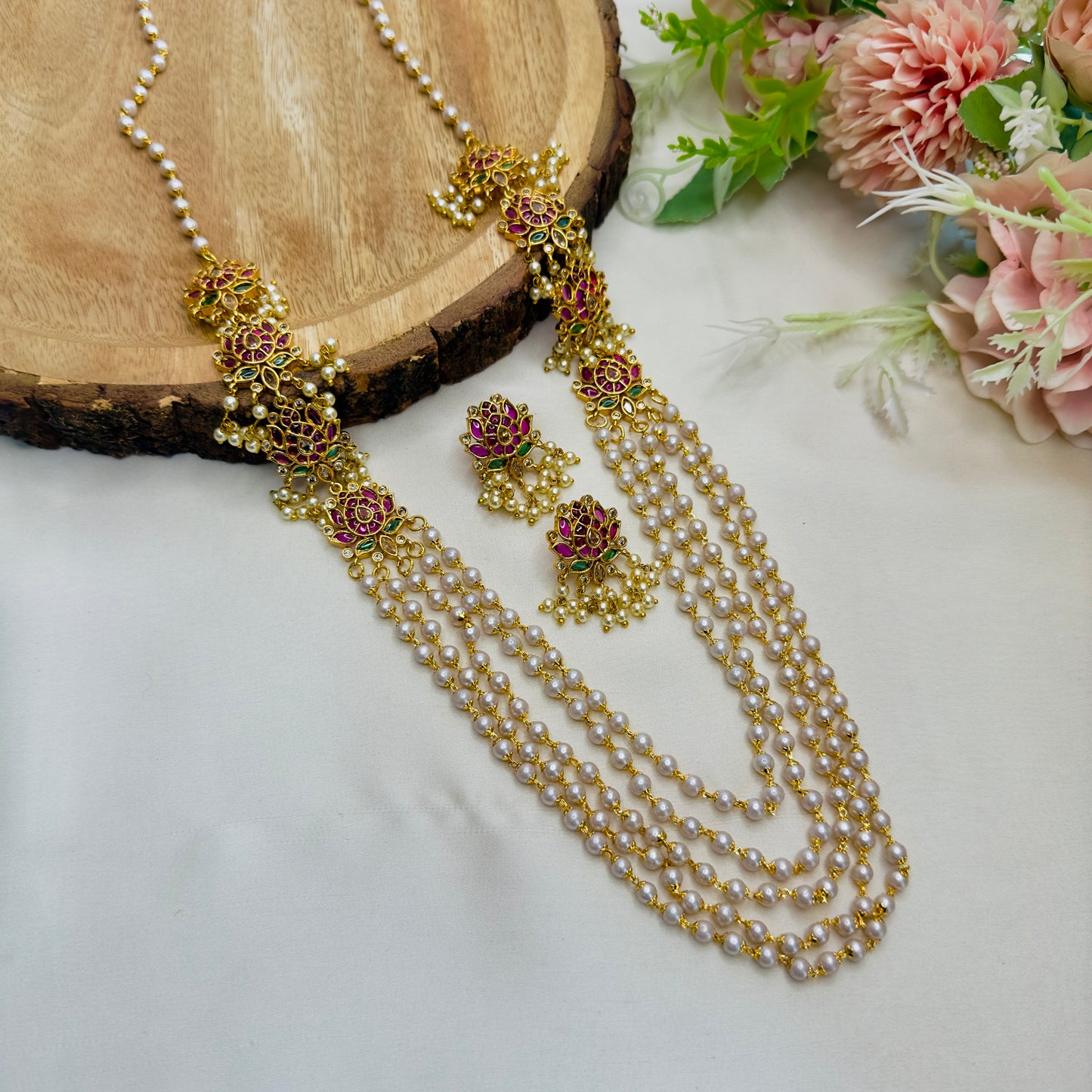 Lotus Design 3 layered pearl Mala Necklace Set