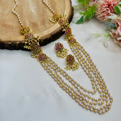 Lotus Design 3 layered pearl Mala Necklace Set