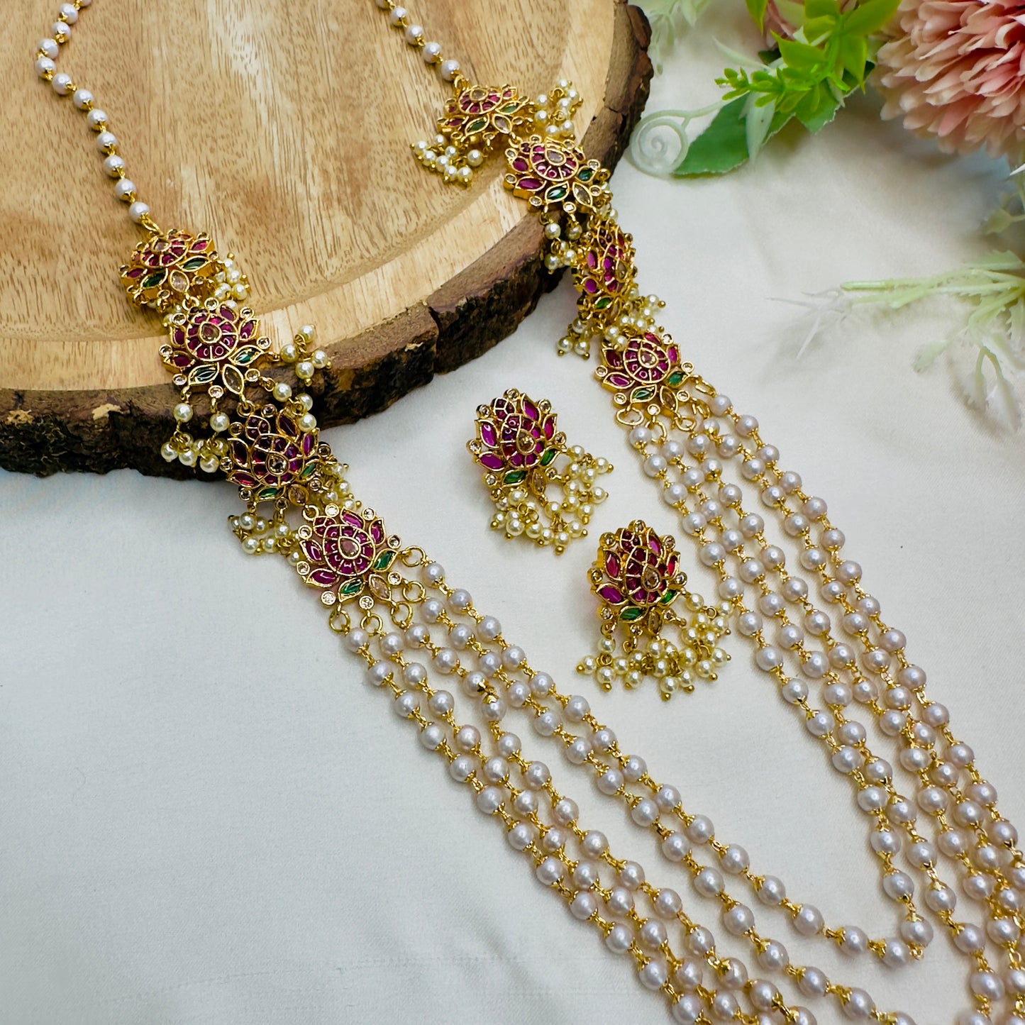 Lotus Design 3 layered pearl Mala Necklace Set