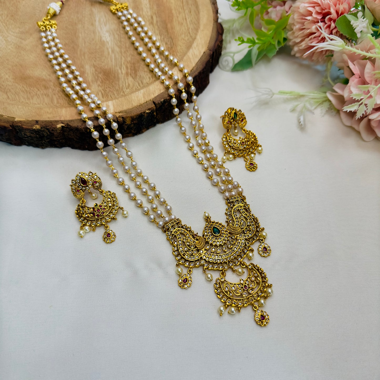 3 Layer Pearl Mala With Big Size Pendant Necklace Set