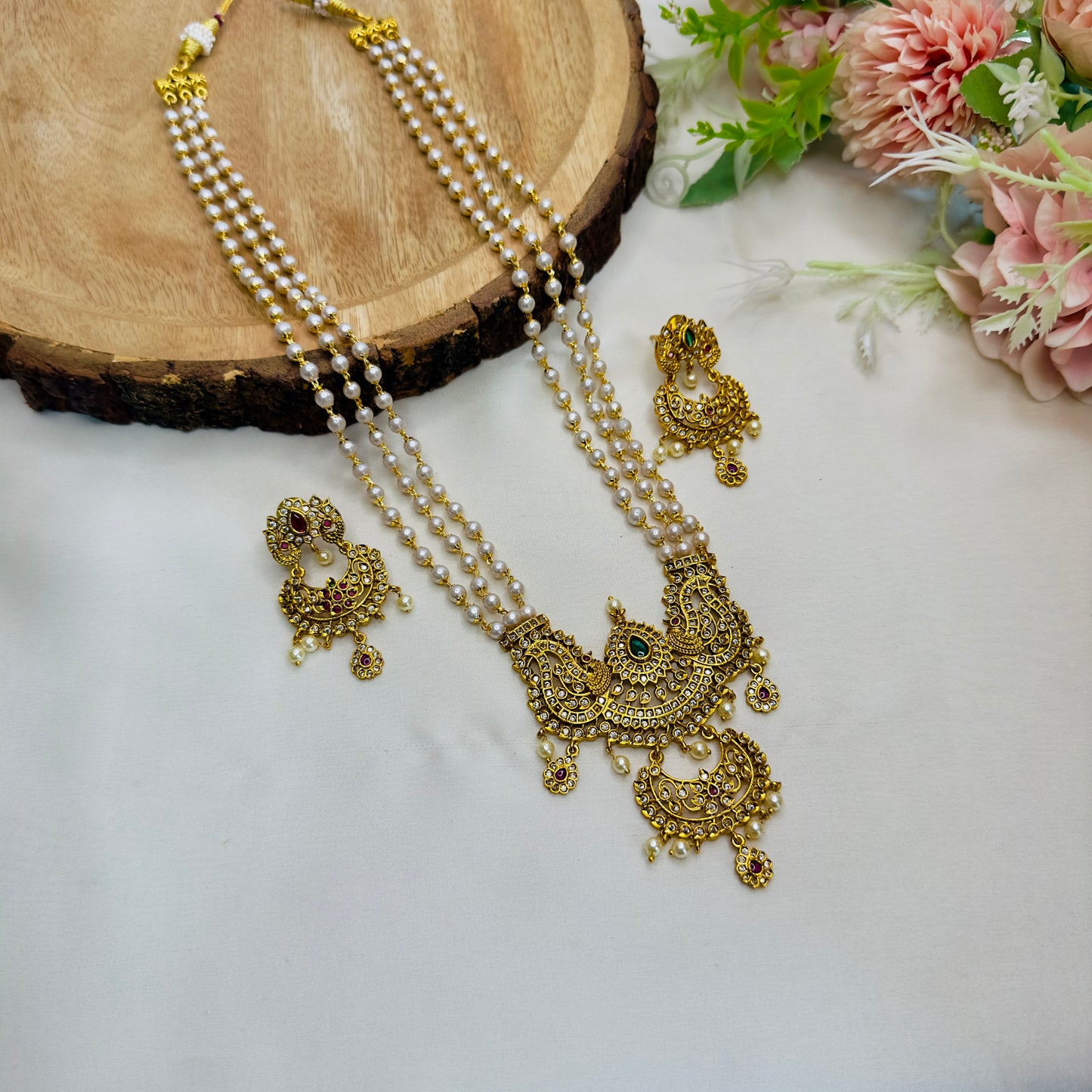 3 Layer Pearl Mala With Big Size Pendant Necklace Set