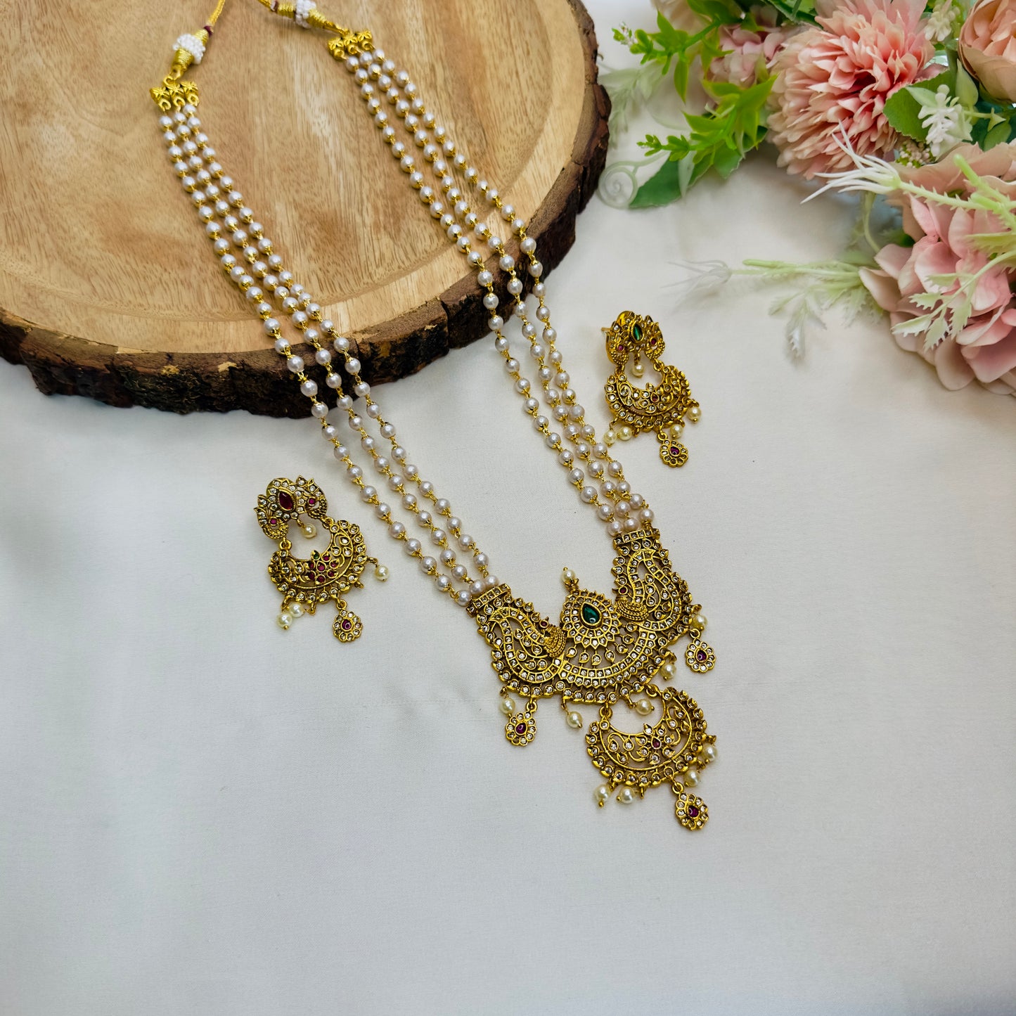 3 Layer Pearl Mala With Big Size Pendant Necklace Set