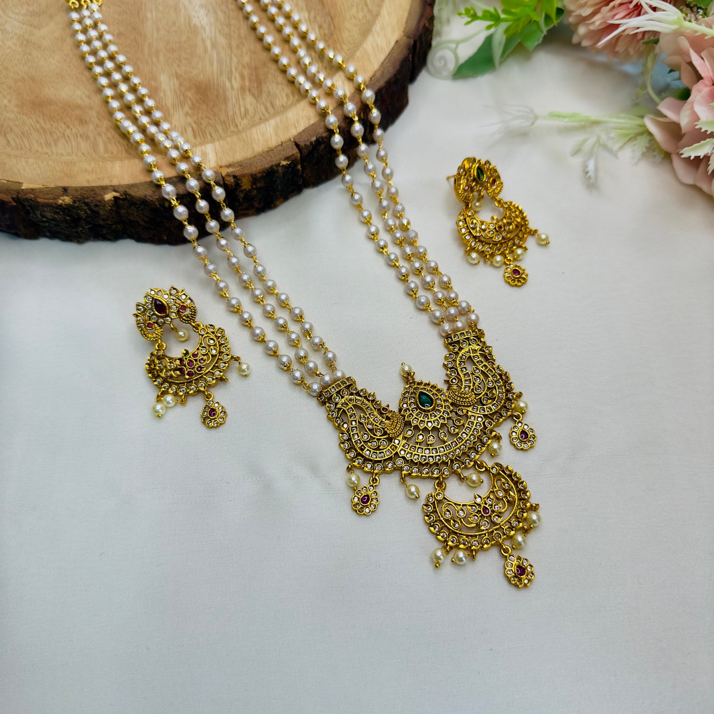 3 Layer Pearl Mala With Big Size Pendant Necklace Set