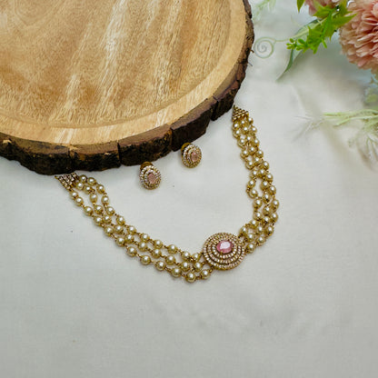 AD Pendant with 3 Layer Pearl Choker Set