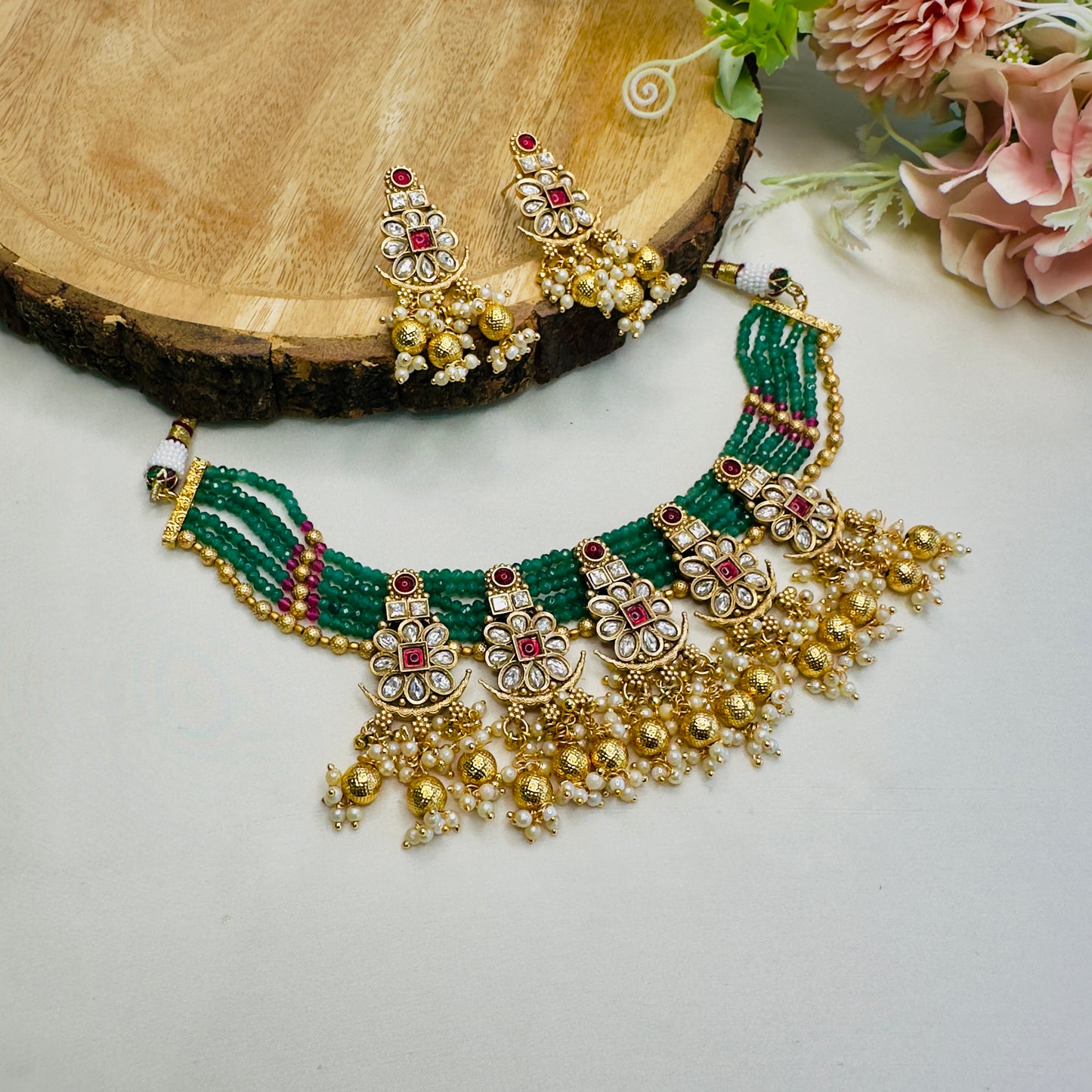 Five Long Pendant Rajwadi Necklace Set