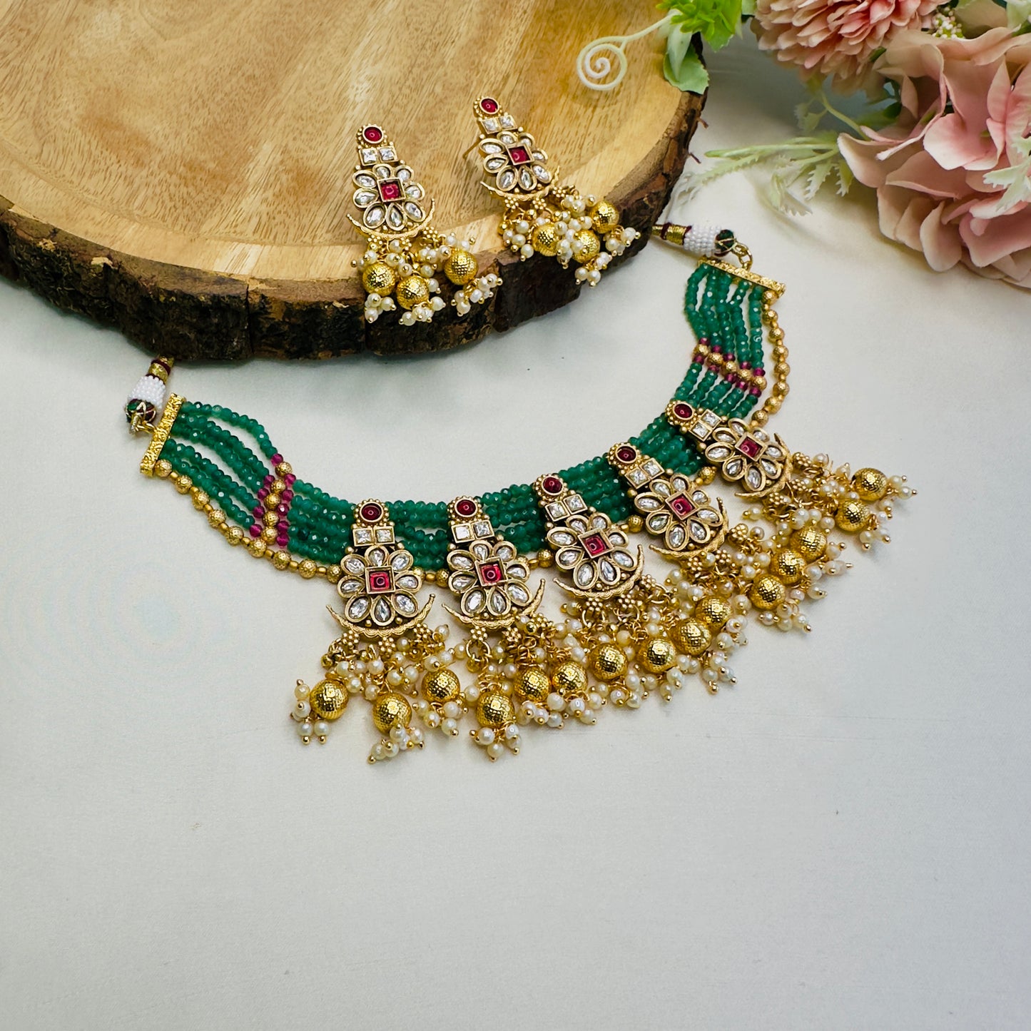 Five Long Pendant Rajwadi Necklace Set