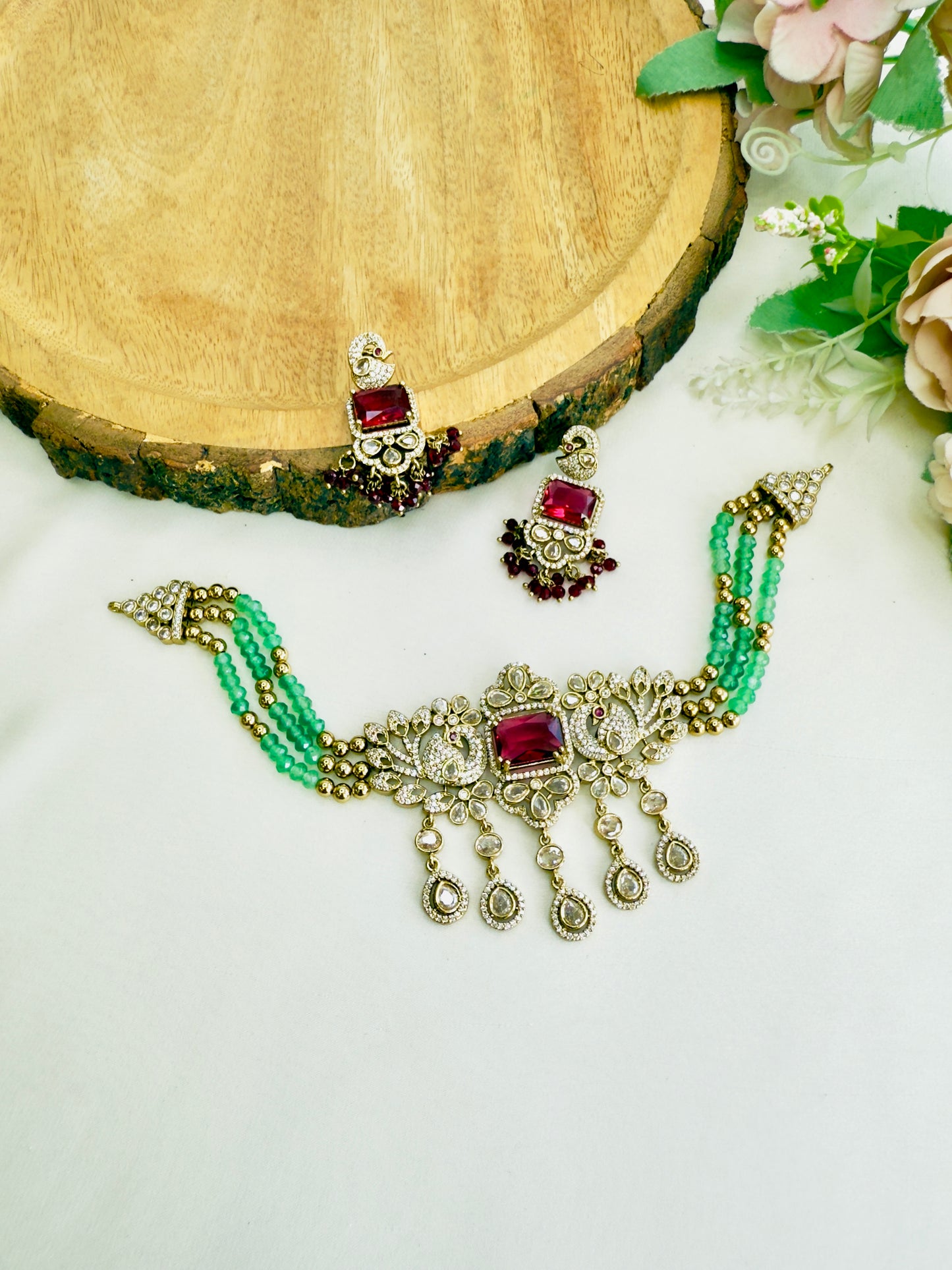 Ruby Green Mehandi Finish Necklace Set